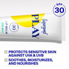 Supergoop! PLAY lip balm mint beside shea butter and honey highlighting nourishing ingredients