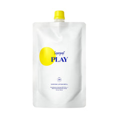 Supergoop! refill pouch front view showing branding and size, convenient refill solution