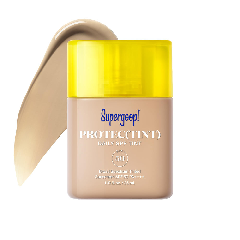 Supergoop! front packaging showing SPF 50 protection and lightweight tint benefit