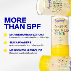Supergoop! unseen stick label close-up showing ingredient callouts and transparency