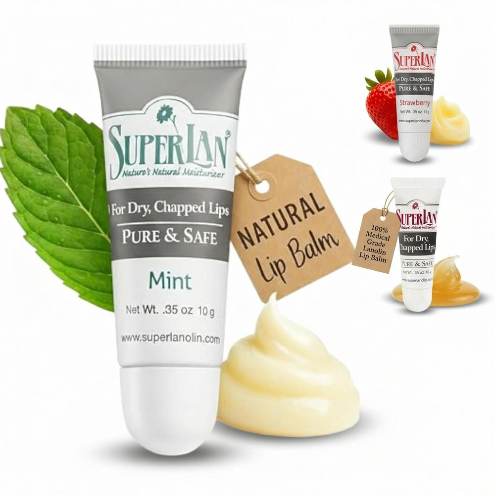 Superlan front packaging showing mint lip balm for fast soothing