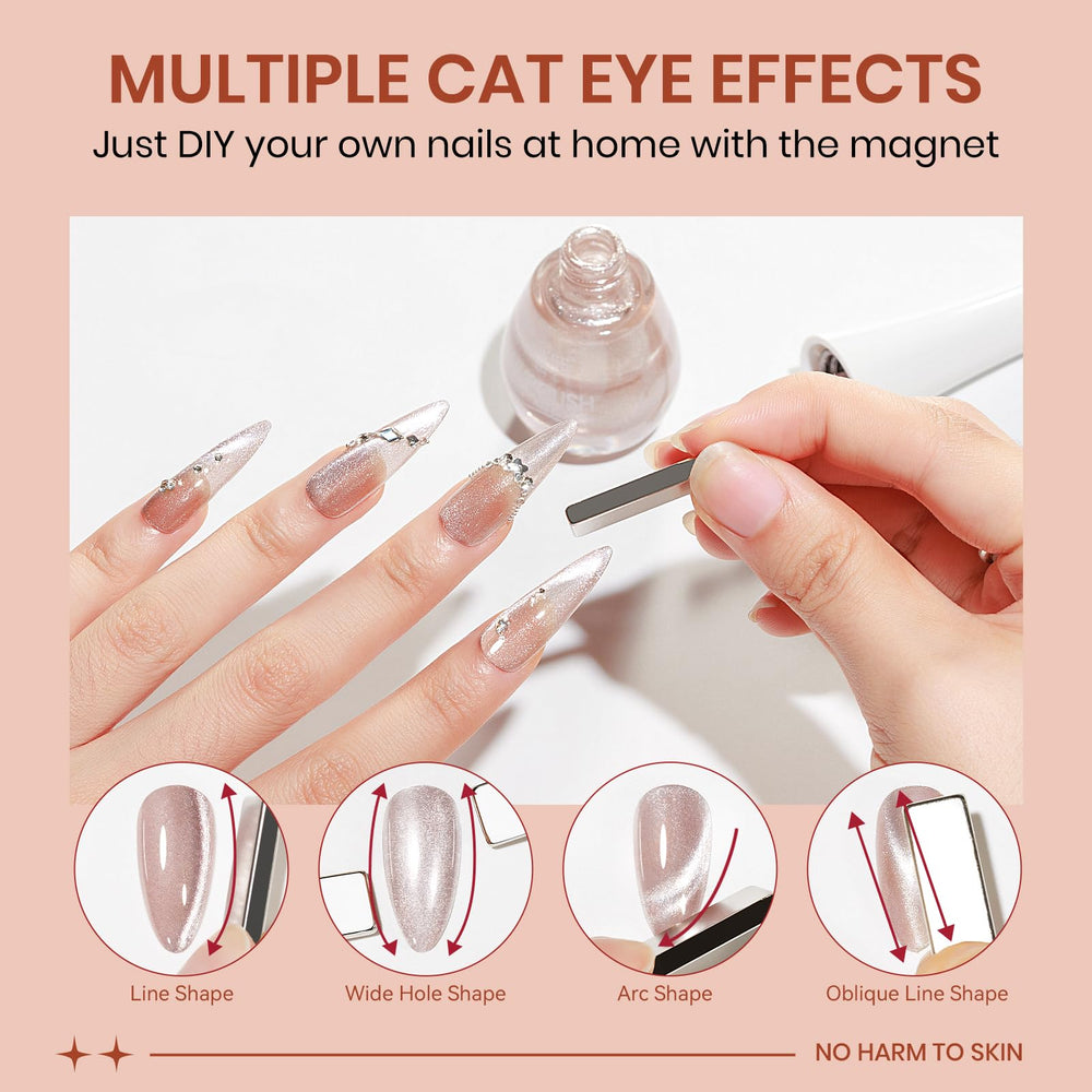 SUPWEE finished manicure on fingers displaying the nude cat-eye effect and polished look