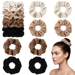 Sureio front view of eight corduroy scrunchies showing colors and size benefit