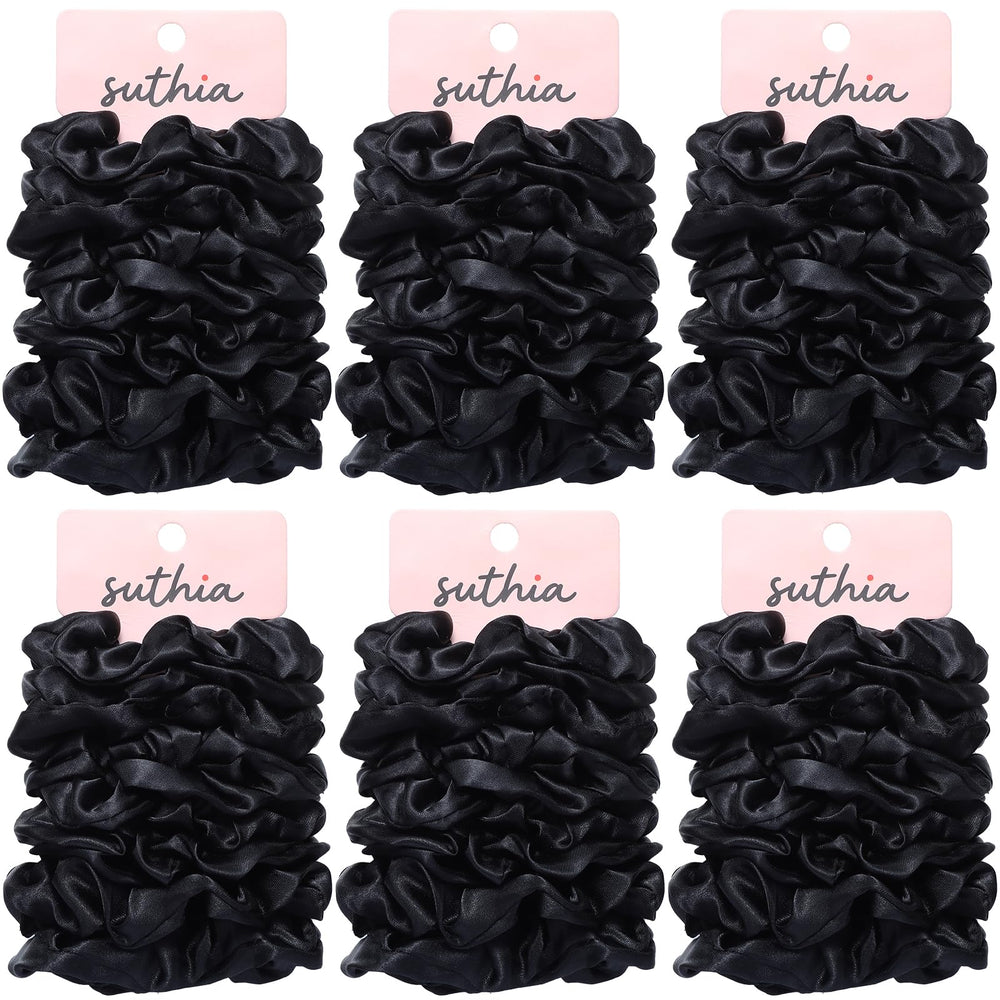 SUTHIA front packaging showing 60 black satin scrunchies and value