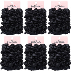 SUTHIA front packaging showing 60 black satin scrunchies and value