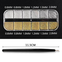 SUTOKAKA finished manicure with gold and silver beads showing polished, decorative results