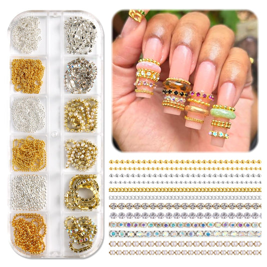 SUTOKAKA packaging box of 12 metal nail chains showing variety and organized storage