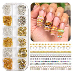 SUTOKAKA packaging box of 12 metal nail chains showing variety and organized storage