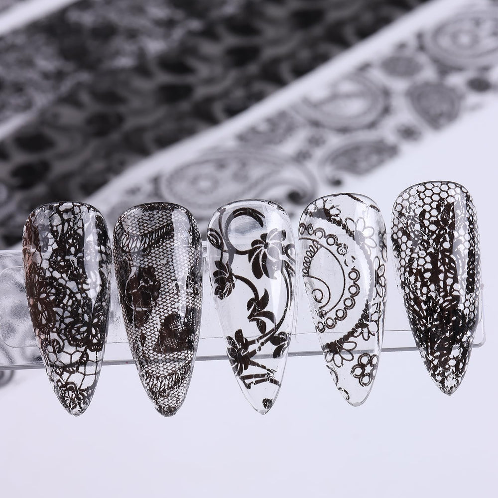 SUTOKAKA white lace designs sheet displaying delicate patterns for classic manicures