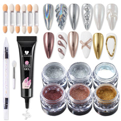SUTOZMIWE jar set front showing six chrome powders and tools for creative nail finishes