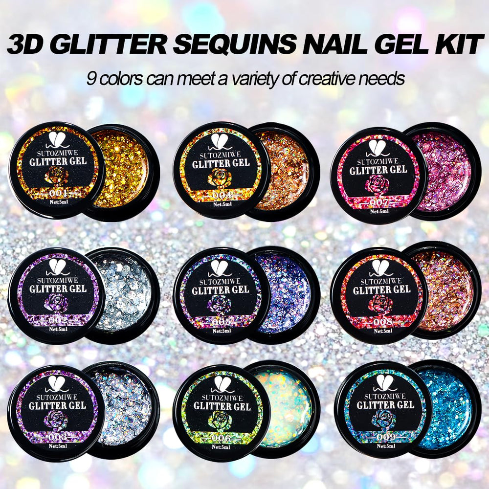 SUTOZMIWE open box with nine 5ml bottles visible, demonstrating included glitter gel set