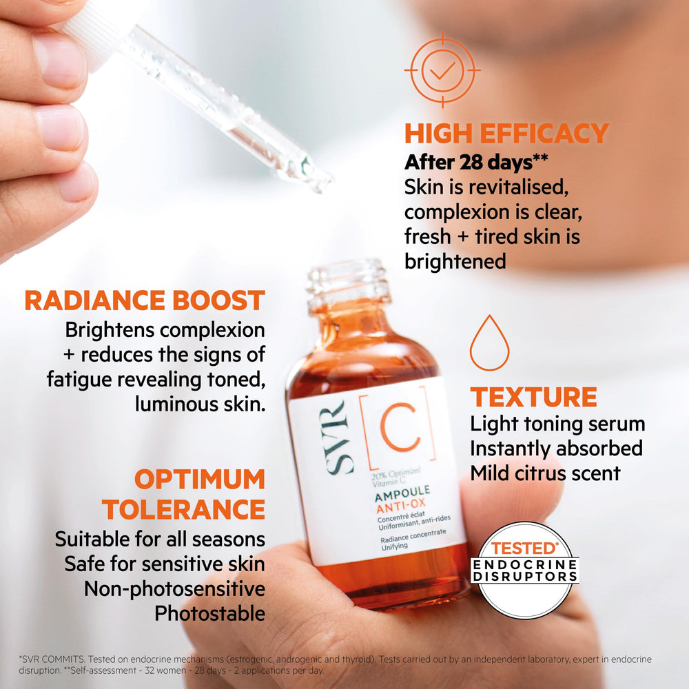 SVR close-up of ingredient label highlighting 20% optimized vitamin C potency