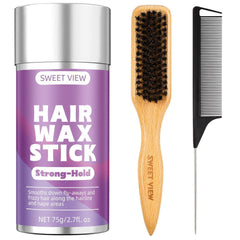SWEET VIEW front packaging of wax stick and boar bristle brush, compact kit benefit