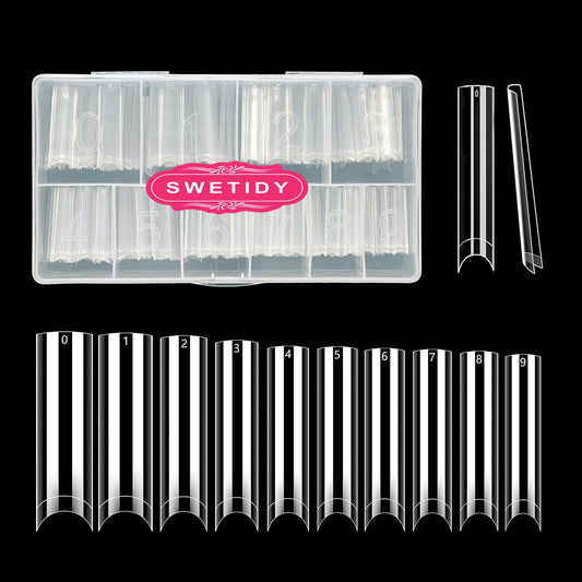 SWETIDY front package of 500 clear square tips showing organized box and ease of storage