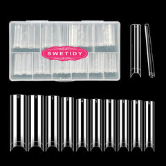 SWETIDY front package of 500 clear square tips showing organized box and ease of storage