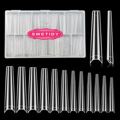 SWETIDY clear box of 504 coffin tips showing neat storage and quick access