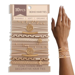 SYGY front packaging showing ten boho hair tie bracelets, neat set benefit