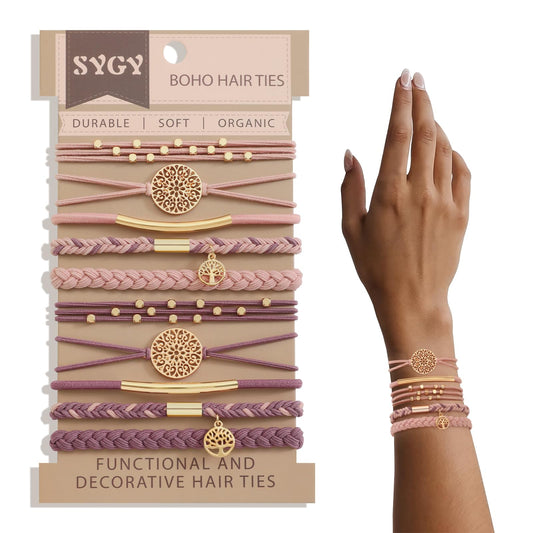 SYGY front packaging showing 10 pink boho hair ties, convenient gift