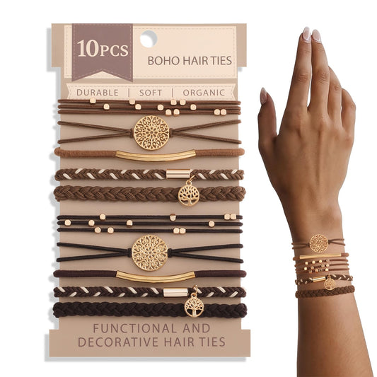 SYGY front packaging showing ten dark coffee hair tie bracelets and styles benefit convenience