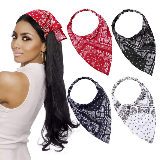 Syhood front view of four-pack vintage headscarves shows variety and convenience