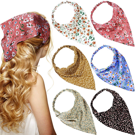 Syhood front view of six boho floral bandanas showing variety and convenience