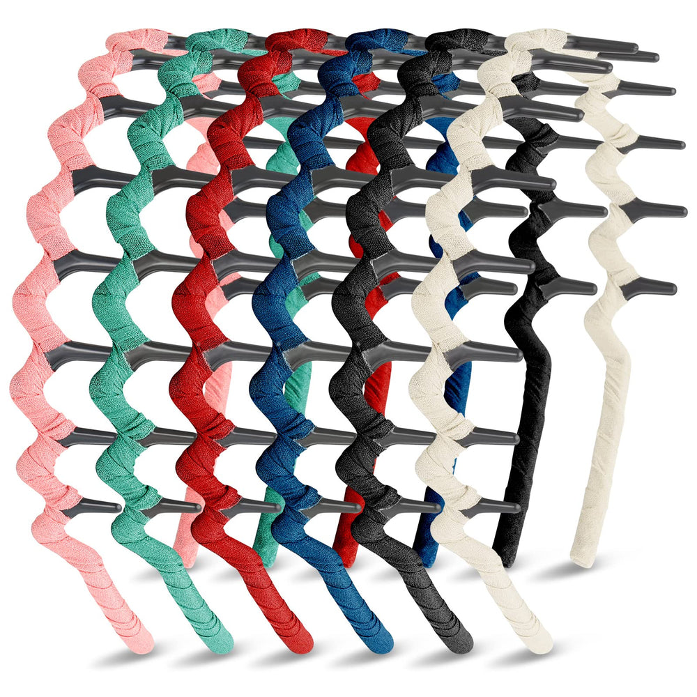 Syhood front view of six patterned headbands showing colors and variety, attractive styling benefit
