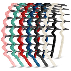 Syhood front view of six patterned headbands showing colors and variety, attractive styling benefit