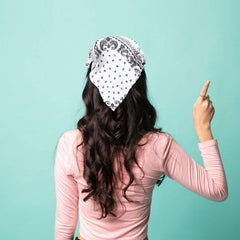 Syhood model wearing headscarf front view shows vintage styling benefit