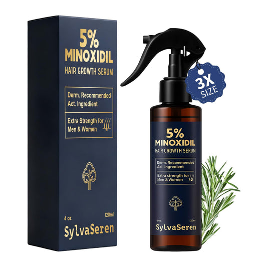 Sylvaseren front packaging showing 5% minoxidil spray benefits