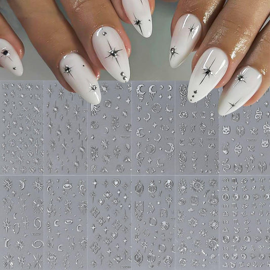 SYPAFG front view of 12 silver nail sticker sheets showing varied celestial designs and convenience