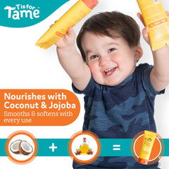 T is for Tame 3.38 fl oz size comparison showing travel-friendly bottle