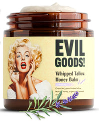 TALLOW BODY BALM front jar showing label and lavender scent, promotes simple hydration