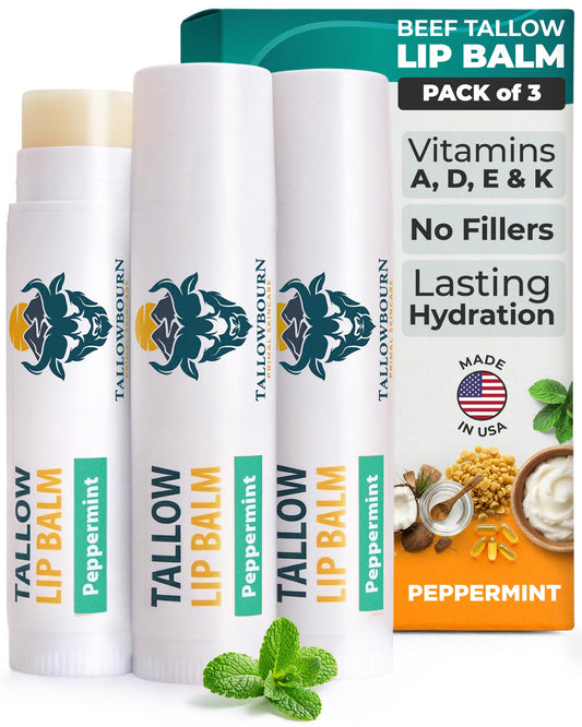 Tallowbourn front packaging showing peppermint lip balm and travel-ready benefit