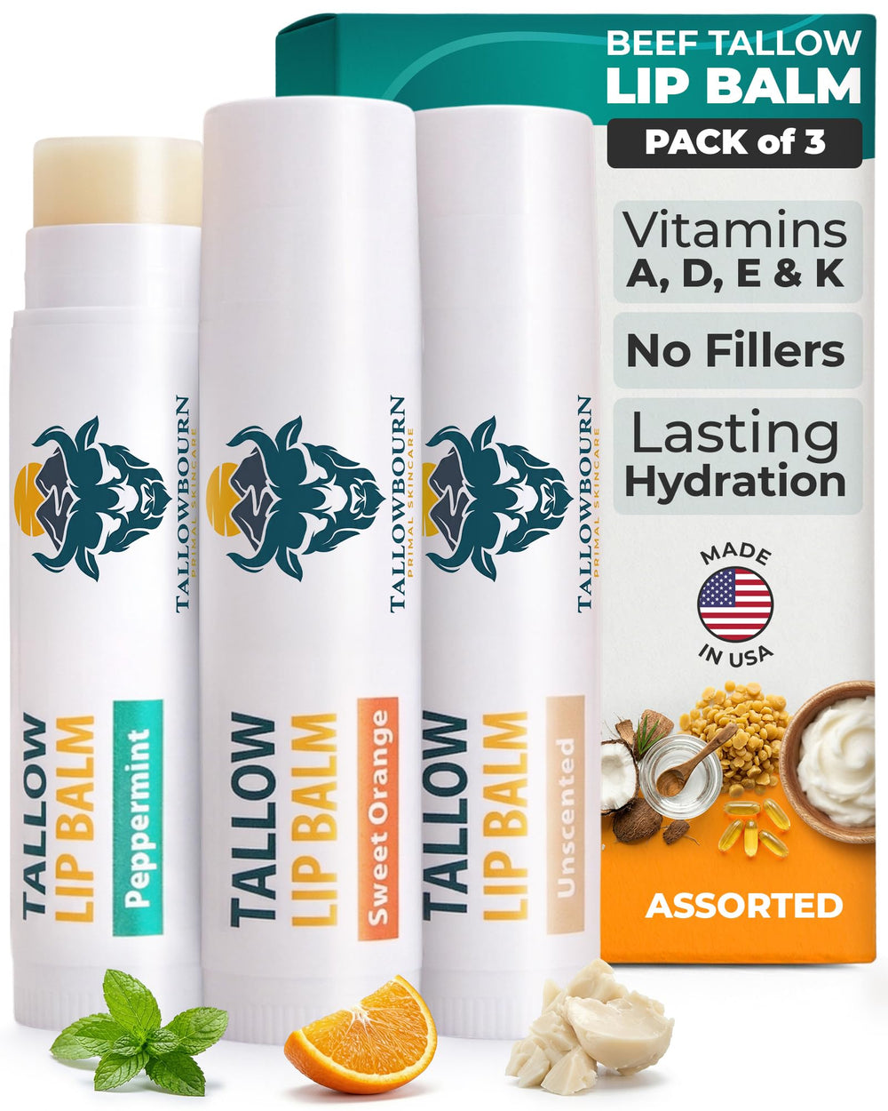 Tallowbourn front packaging showing three-balm travel set and benefits