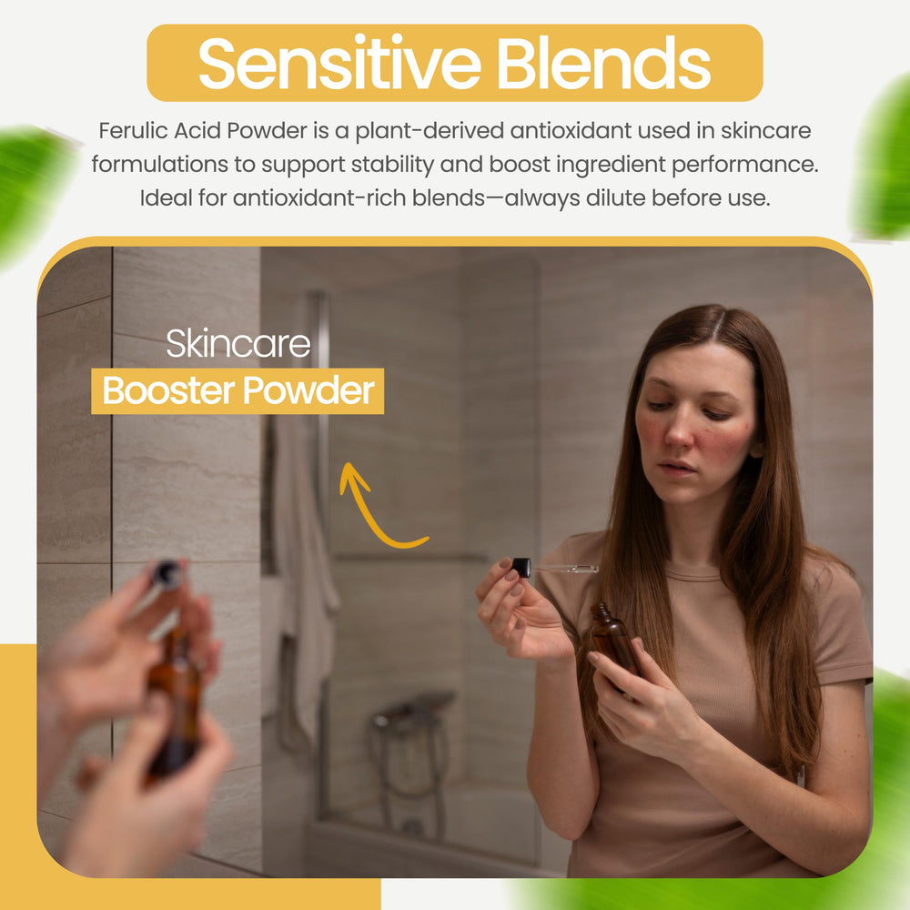 Bathroom counter scene with Talsen ferulic powder alongside skincare tools for routine use