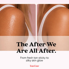 Tan Fan brush dusting powder over leg to prevent transfer and blotching