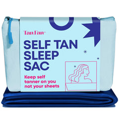 Tan Fan front view navy sleep sac showing full coverage and neat fit benefits