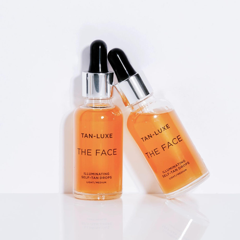 TAN-LUXE on vanity near skincare items suggesting routine-friendly benefit