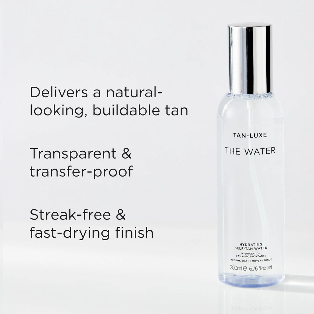 TAN-LUXE bottle in hand showing 6.76 fl oz scale and travel-friendly benefit