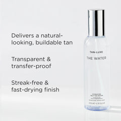 TAN-LUXE bottle in hand showing 6.76 fl oz scale and travel-friendly benefit