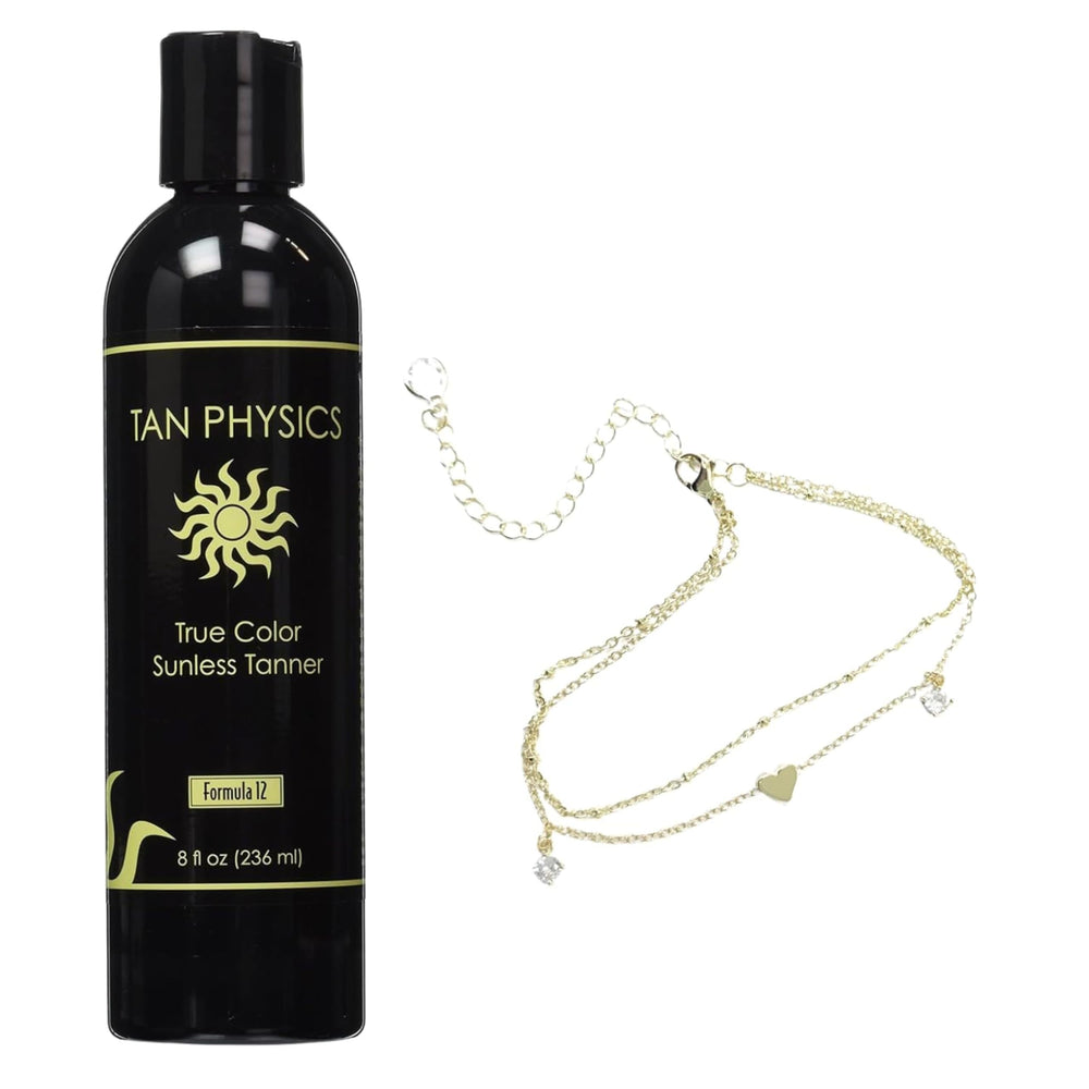 Tan Physics front packaging showing bottle and anklet, highlights easy travel use