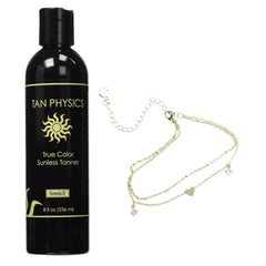 Tan Physics front packaging showing bottle and anklet, highlights easy travel use