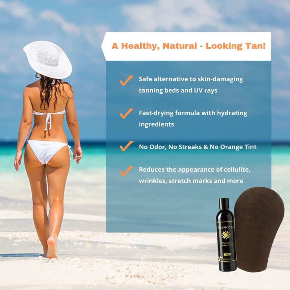 Tan Physics microfiber tanning mitt and exfoliation gloves displayed for streak-free application