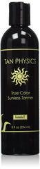 Tan Physics bottle front view showing label and natural tan benefit