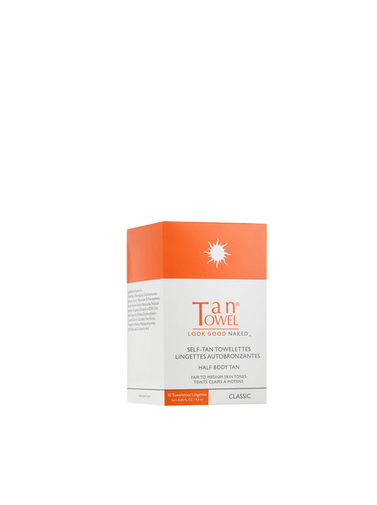 Tan Towel front packaging showing 10-count pouch and easy travel benefit