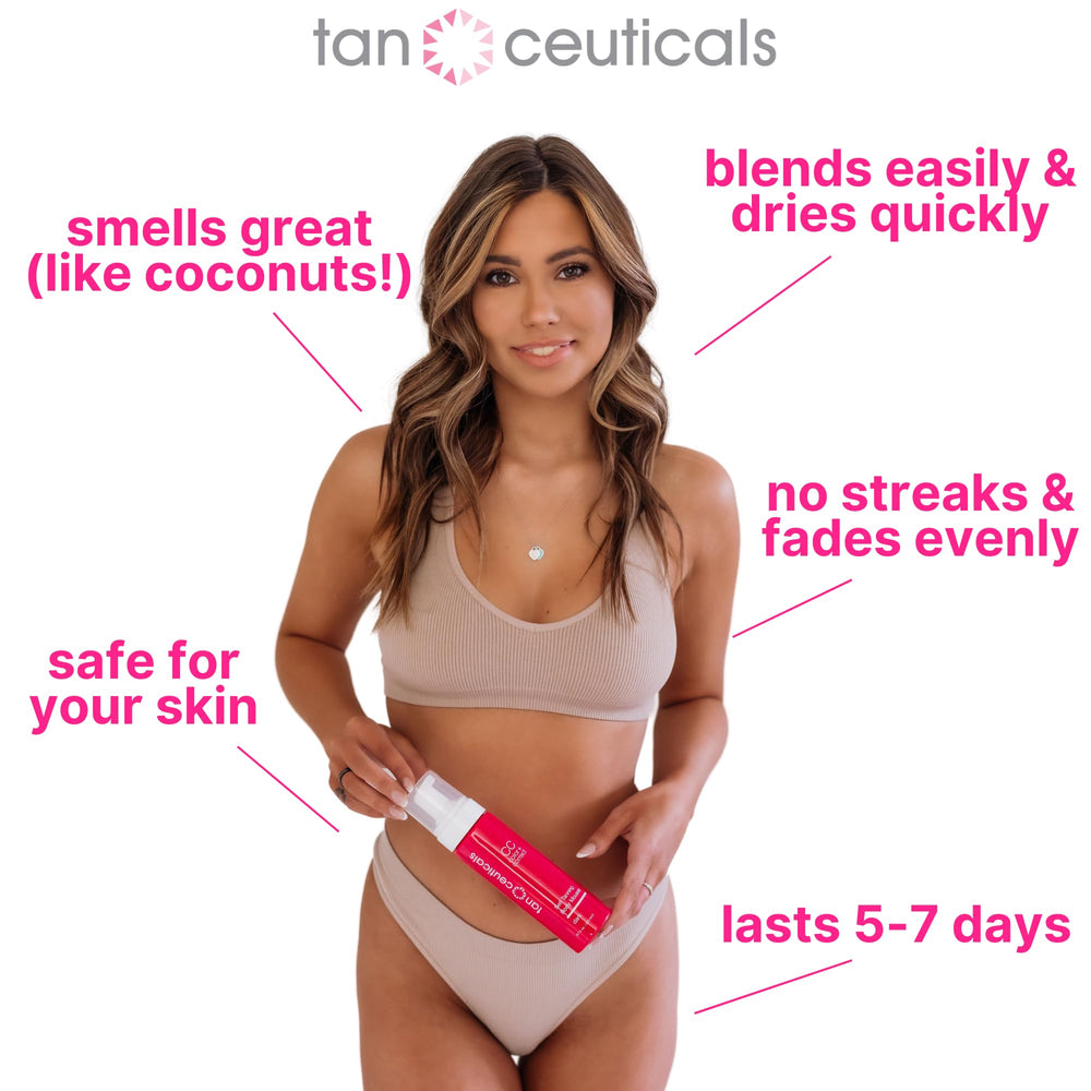 Tanceuticals before and after leg comparison showing even natural-looking bronze