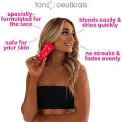 Tanceuticals tube next to hand showing 1.7 oz size for portability and touch-ups