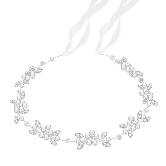 Tanfeine front view headband showing pearl flowers and sparkle benefit elegance