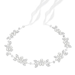 Tanfeine front view headband showing pearl flowers and sparkle benefit elegance