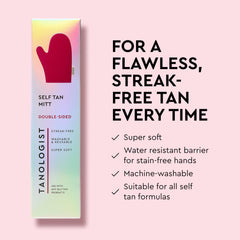 Tanologist body mitt next to a hand for size comparison demonstrating full-coverage efficiency